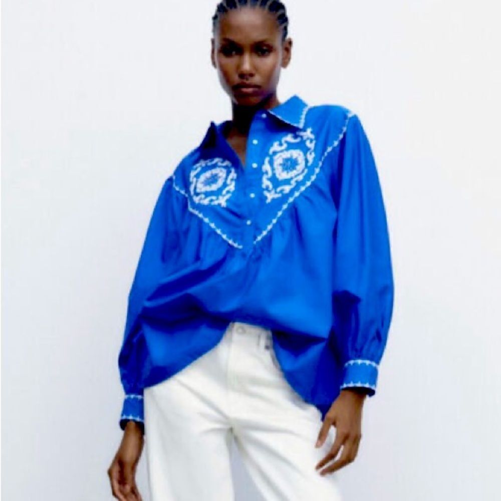 Zara Blue and White Embroidered Poplin Button Down Shirt
